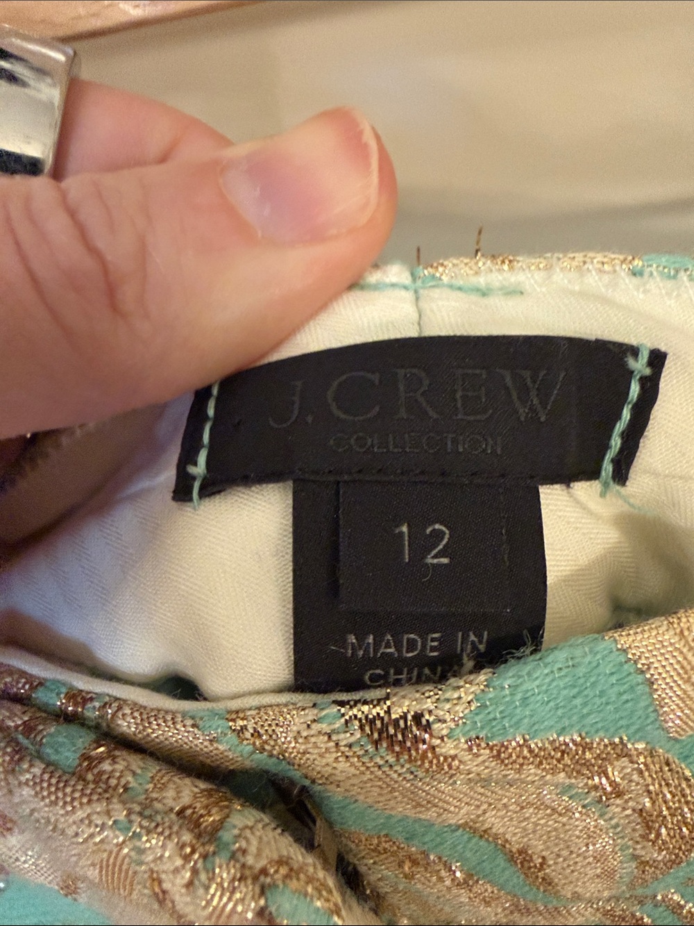 J Crew Collection lined 12 Aqua and Gold Brocade Dress Pants cropped - Picture 3 of 8